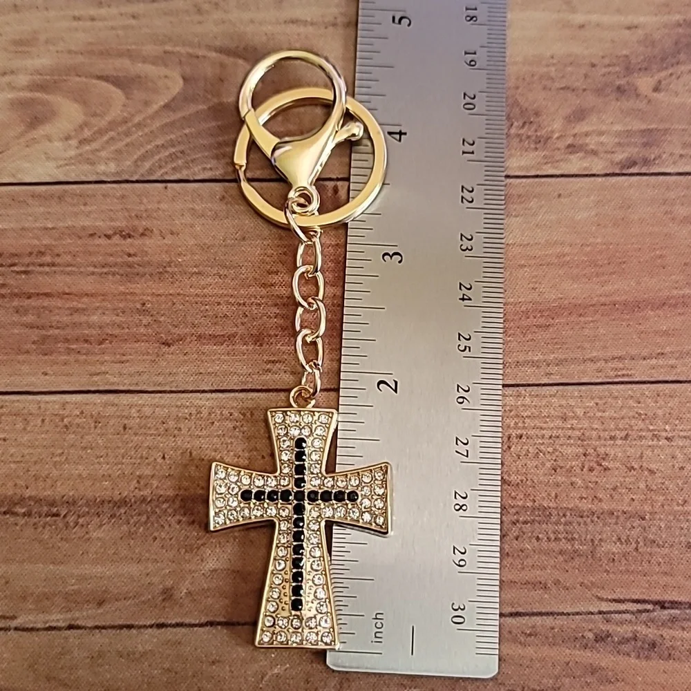 Rhinestone Black and Gold Toned Cross Keychain Keyholder